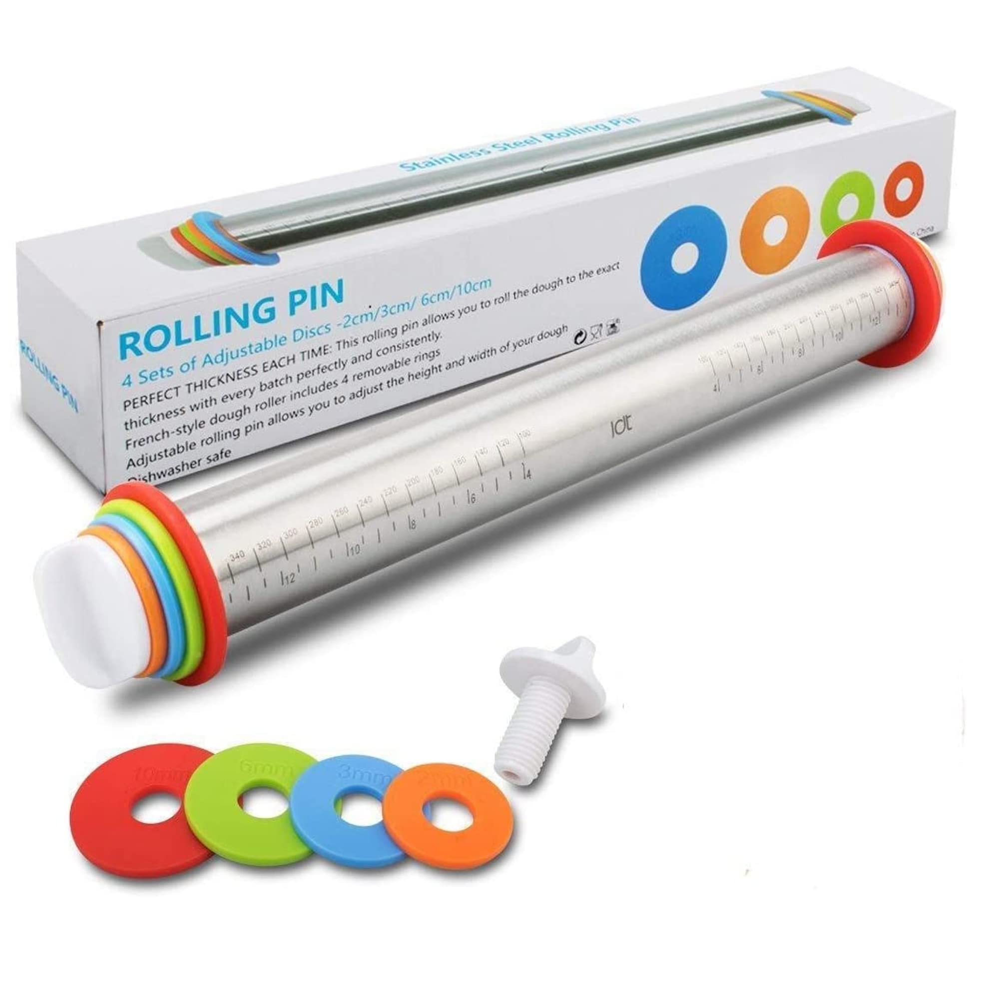 Sulfar Rolling Pin Spacers French Rolling Pins For Baking Adjustable Rolling Pin With Thickness Rings Dough Roller For Cookie Pastry Pizza, Silver, C7-Vqq1-Bsti, Ssz094