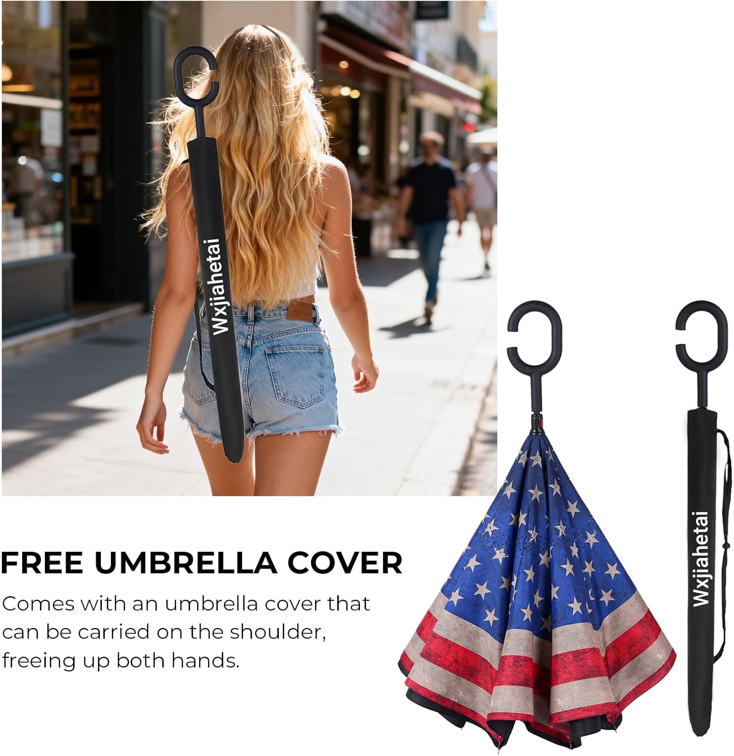 Inverted Umbrella, 49 Inch Double-Layer Vented Reverse Umbrella, Windproof Waterproof UV Protection, Lightweight C-Handle, Fiberglass Ribs, Steel Shaft, Travel/Commute/Car Use, With Sleeve - Image 8