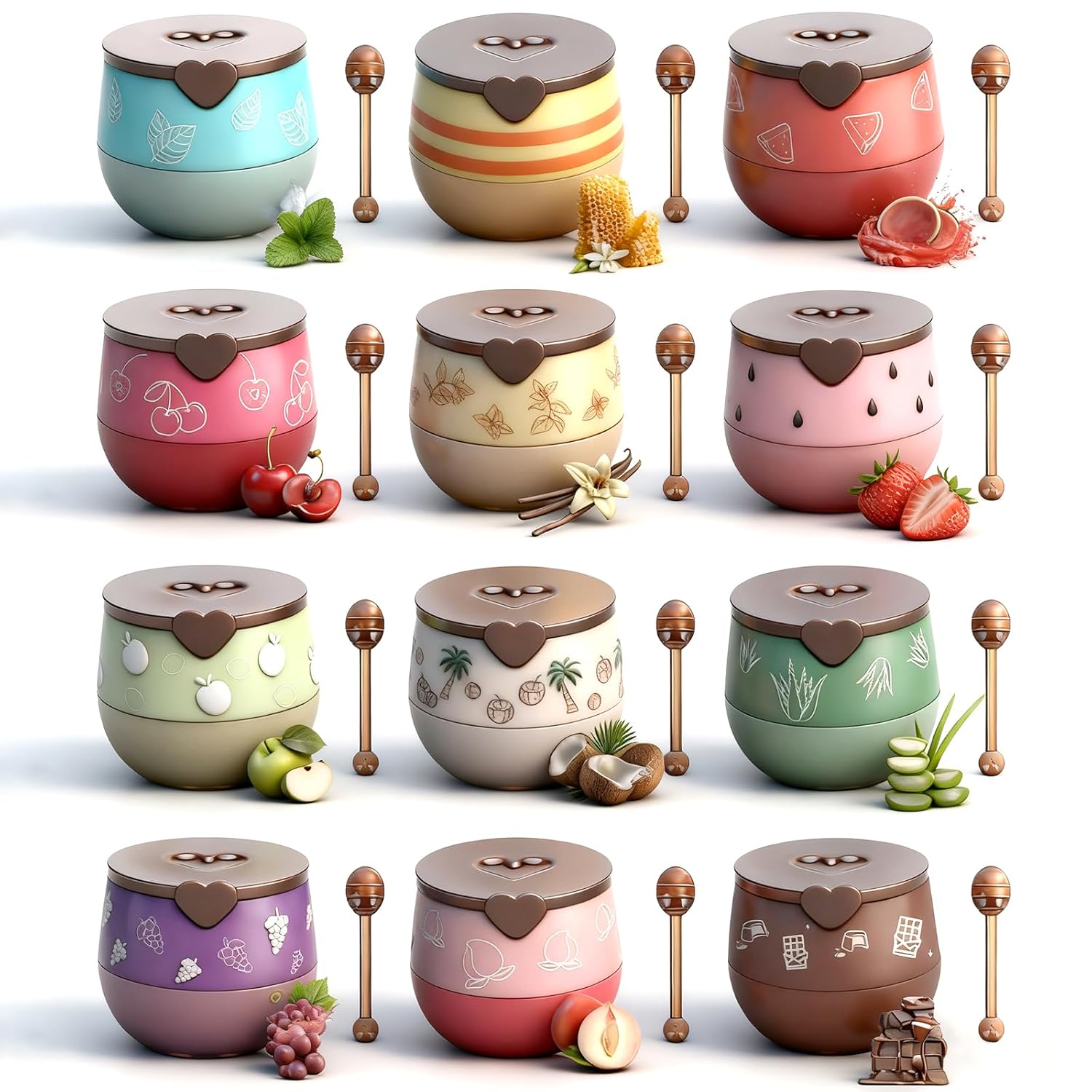 Bee Lip Balm Lip Mask Honey Pot, 12 Flavors Fruit Lip mask Set with Honey & Vitamin E, Lip Sleeping Mask Propolis Moisturizing Lip Balm, Effective Reduces Lip Lines Prevention Dry and Cracked