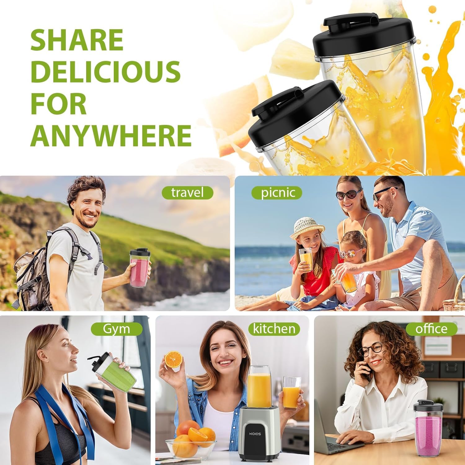 Batidora de batidos, licuadora personal de 900 W y molinillo combinado para batidos y batidos con 3 vasos portátiles sin BPA para frijoles, nueces 3