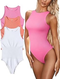 Women’s Sexy Ribbed Bodysuit Tops - 3 Piece Sleeveless Halter Neck Bodysuits with Tummy Control (Color : Phosphor Coral-orange White, Size : M)