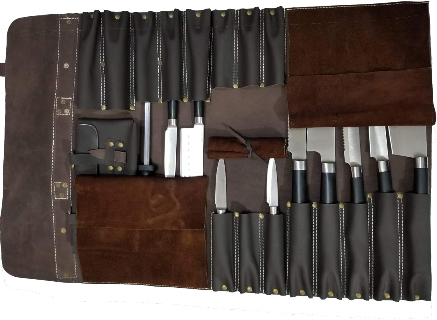 PROFESSIONAL CHEF Lightweight Genuine Premium Black Leather Large Chef Knife Bag/Knife Roll 16 Slots Space #K015
