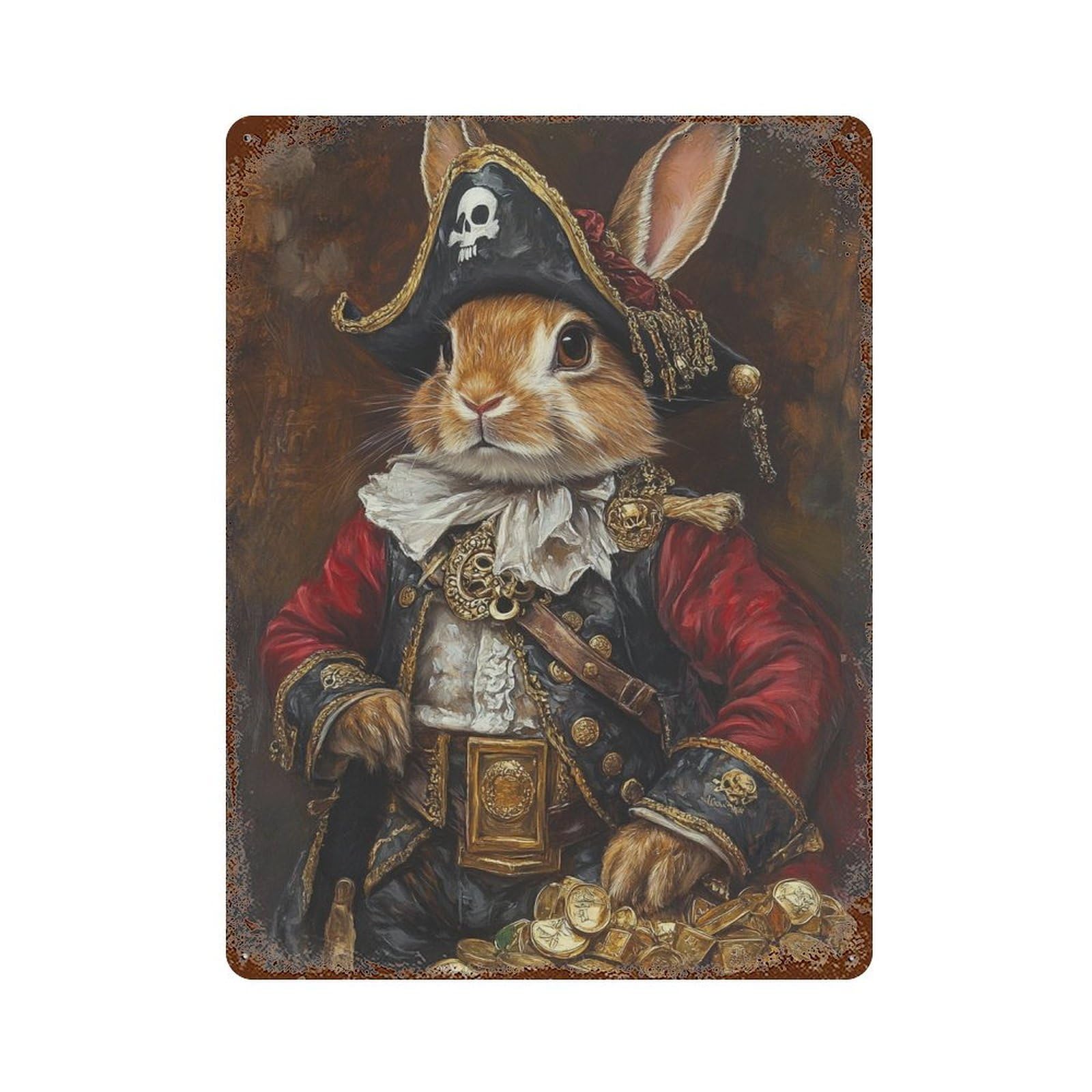 Pirate Bunny Treasure Chest Rustic Tin Plaque 15.7"x11.8", Rustic Home Decor for Office, Studio And Wall Decor