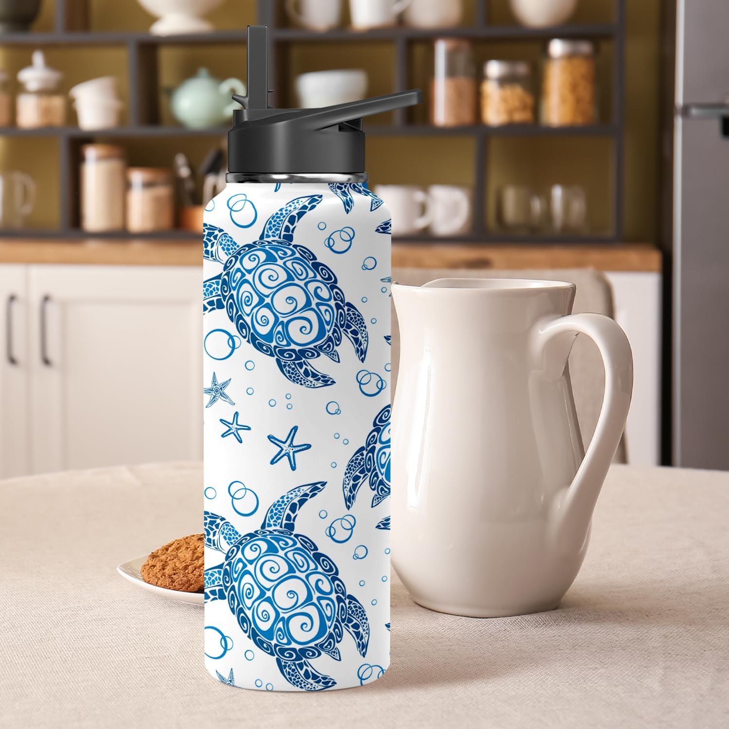 40oz Sea Turtle Water Bottle - Double Wall Vacuum Insulated Stainless Steel Mug, Leakproof Flip Straw & Handle for Hot/Cold Drinks - Gift for Women, Teens, Girls & Animal Lovers