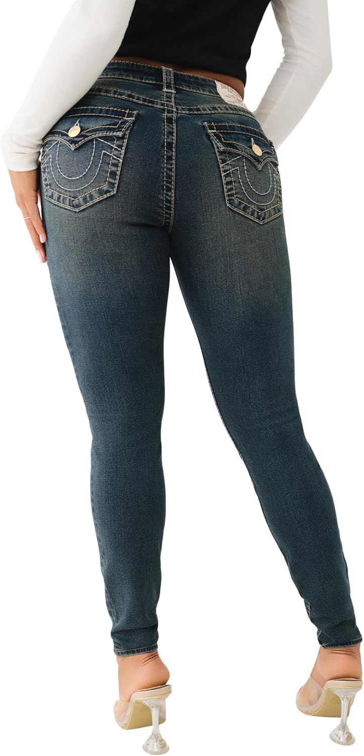 True Religion Women's Jennie Big T Flap MID Rise Super Skinny Jeans in Dark Smoky Wash
