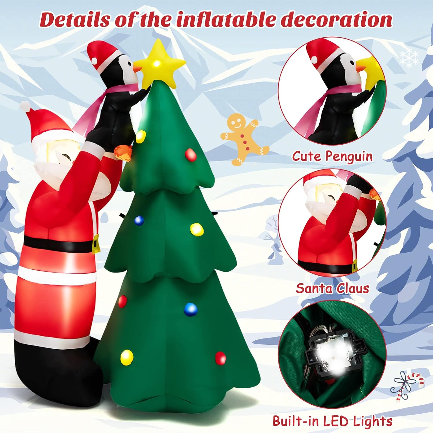 Tangkula 6 FT Inflatable Christmas Tree & Santa Claus w/LEDs & Air Blower, Blow Up Yard Decoration, Inflates Santa and Penguin Decorating a Tree, Indoor Outdoor Inflatable Decoration for Yard Lawn