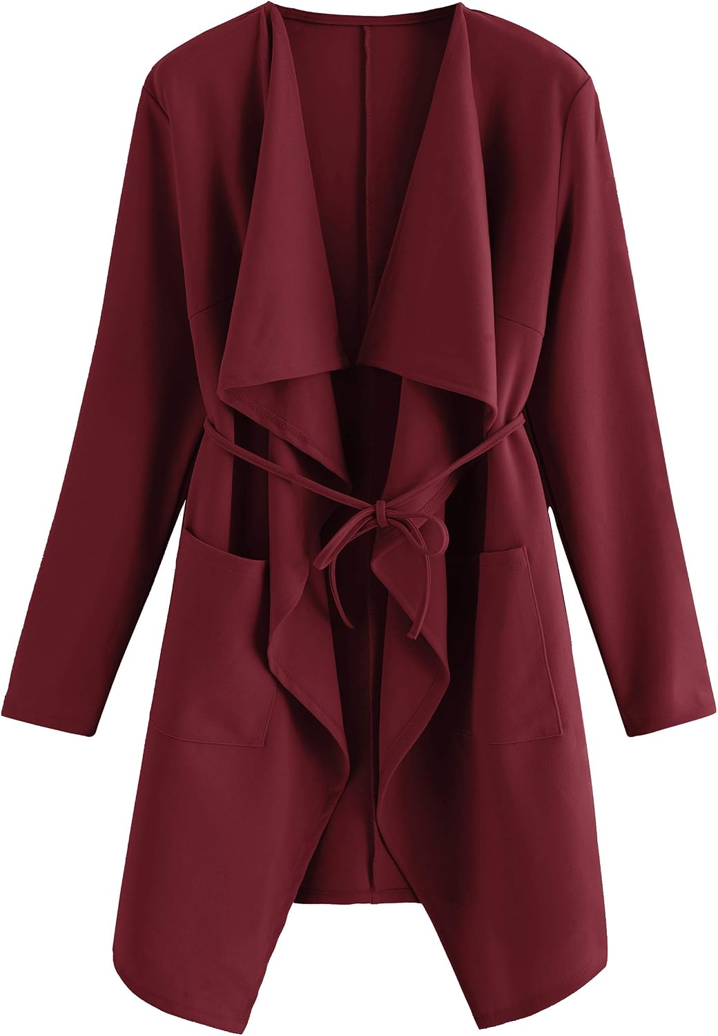 Romwe Women's Waterfall Collar Long Sleeve Wrap Trench Coat Cardigan Burgundy XS