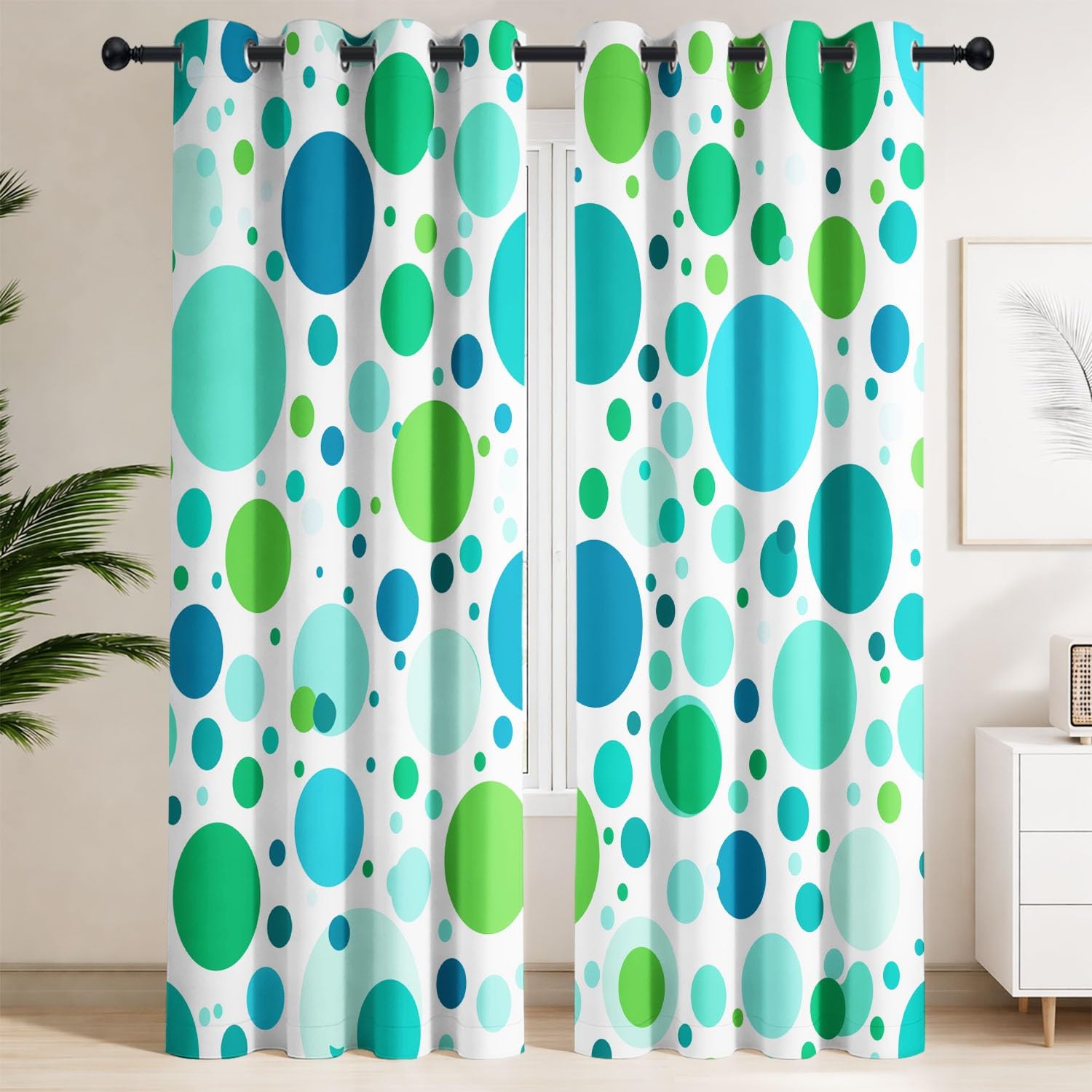 Rideaux occultants pois vert et blanc 117x137cm à oeillets pour salon design