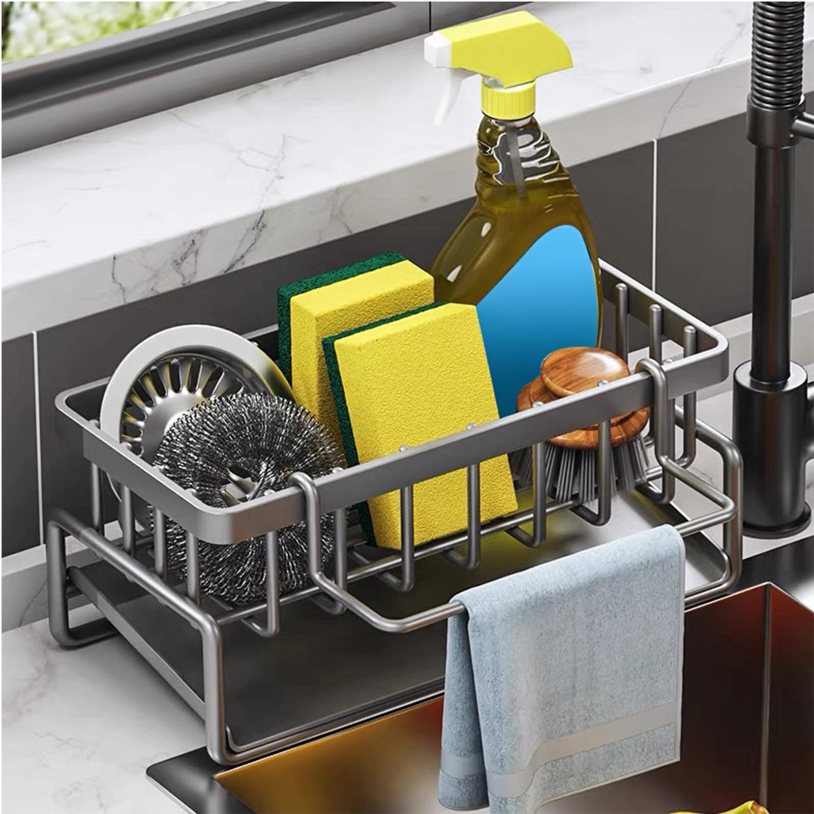 Multifunctional Kitchen Sink Storage Organiser, Black Stainless Steel Sponge Holder, Countertop Cleaning Rack with Removable Dish Cloth Hanger, Washing up Caddy for Kitchen Bathroom (Grey)