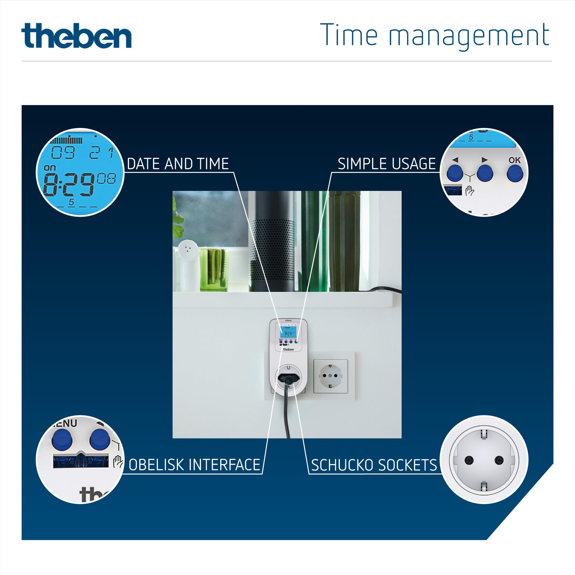 Theben 0200130 Eltimo 020 top3 cyfrowy zegar sterujący z gniazdkiem elektrycznym z programem tygodniowym, programator czasowy, opcjonalne programowanie przez Bluetooth