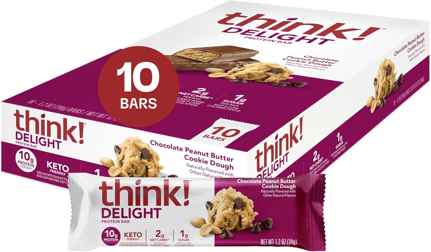 think! Delight, Keto Protein Bars, Healthy Low Carb, Gluten Free Snack - Chocolate Peanut Butter Cookie Dough, 10 Count (Packaging May Vary)