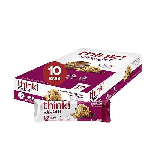 ¡Piensa! Delight, Barras de Proteína Keto, Snack Saludable Bajo en Carbohidratos, Sin Gluten - Pasta de Chocolate y Maní, 10 Unidades (El Empaque Puede Variar)