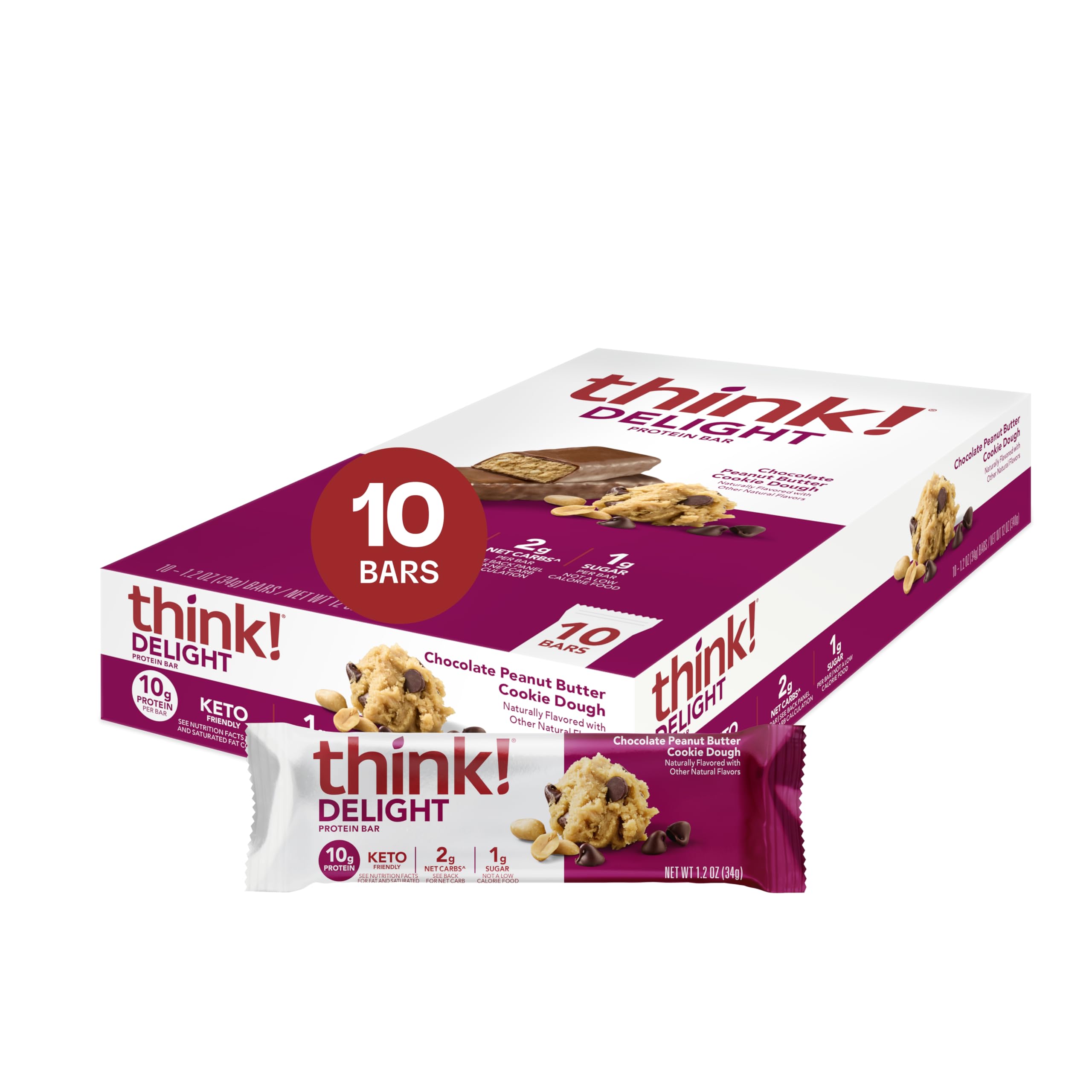 think! Delight, Keto Protein Bars, Healthy Low Carb, Gluten Free Snack - Chocolate Peanut Butter Cookie Dough, 10 Count (Packaging May Vary)