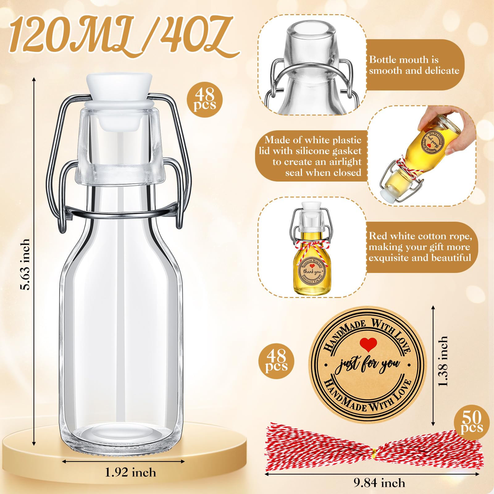 FoldTier 48 Pcs Mini Flip Top Glass Bottle Flip Top Vanilla Extract Bottles with Caps Homemade Printed Stickers for Holiday DIY Crafts Oil Wedding Baby Shower Party Favor Decoration(4 oz)