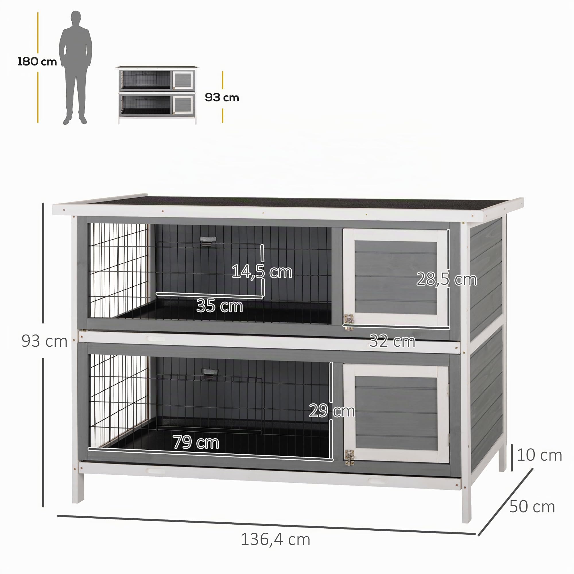 PawHut conejera 2 Niveles conejera de Madera Maciza a Prueba de Invierno casa de Dos Pisos con bandejas en el Suelo 136,4 x 50 x 93 cm Jaula para Conejos conejera para Animales pequeños Conejos de