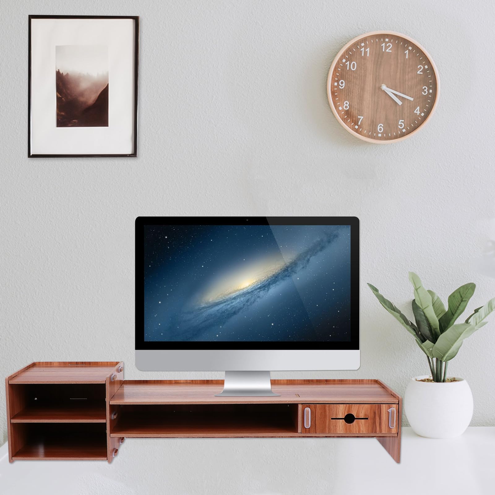 Supporto per Monitor da Scrivania in Legno Marrone Cassetto, Design Pratico e Salvaspazio per Casa e Ufficio, Stand Elevatore per Computer