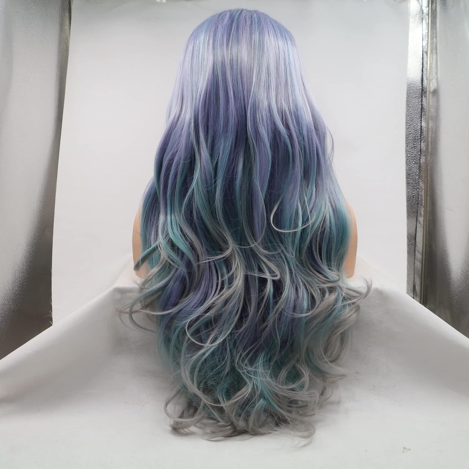 24Inches Ombre Wig Body Wave Dark Roots to Purple Blue Gray Colorful Wig Heat Resistant Synthetic Lace Front Wigs for Women Pastel Lavender Mermaid Wigs Holidays Party