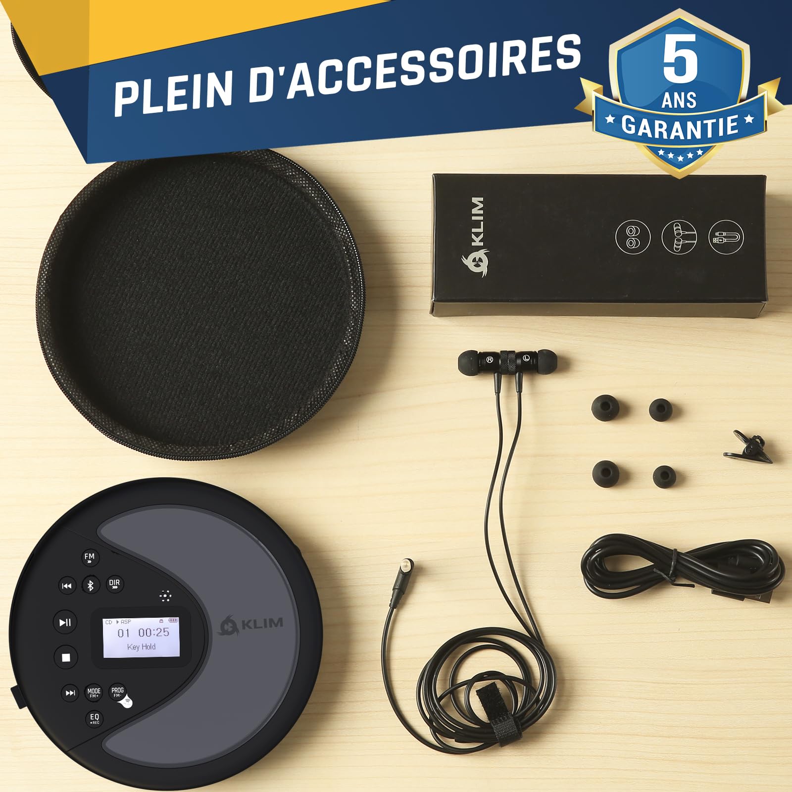 KLIM Discover - Lecteur CD Portable avec Batterie Longue durée et Casque - Radio FM - Compatible MP3 et Carte SD - Transmetteur FM, Bluetooth - Idéal pour Voiture
