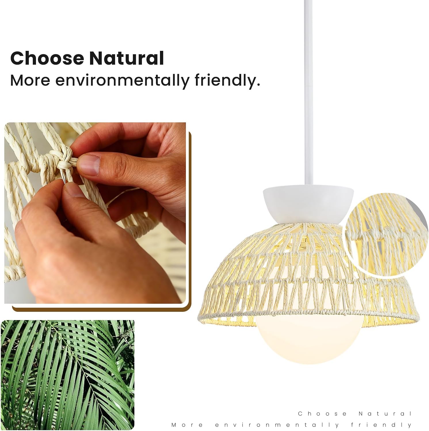 Pendant Light Kitchen Island - 11.8" Rattan Dining Room Light Fixtures over Table Hand-Woven Boho Pendant Light Fixtures with Milk Glass Globe, Adjustable Hanging Light for Bedroom Entryway Foyer