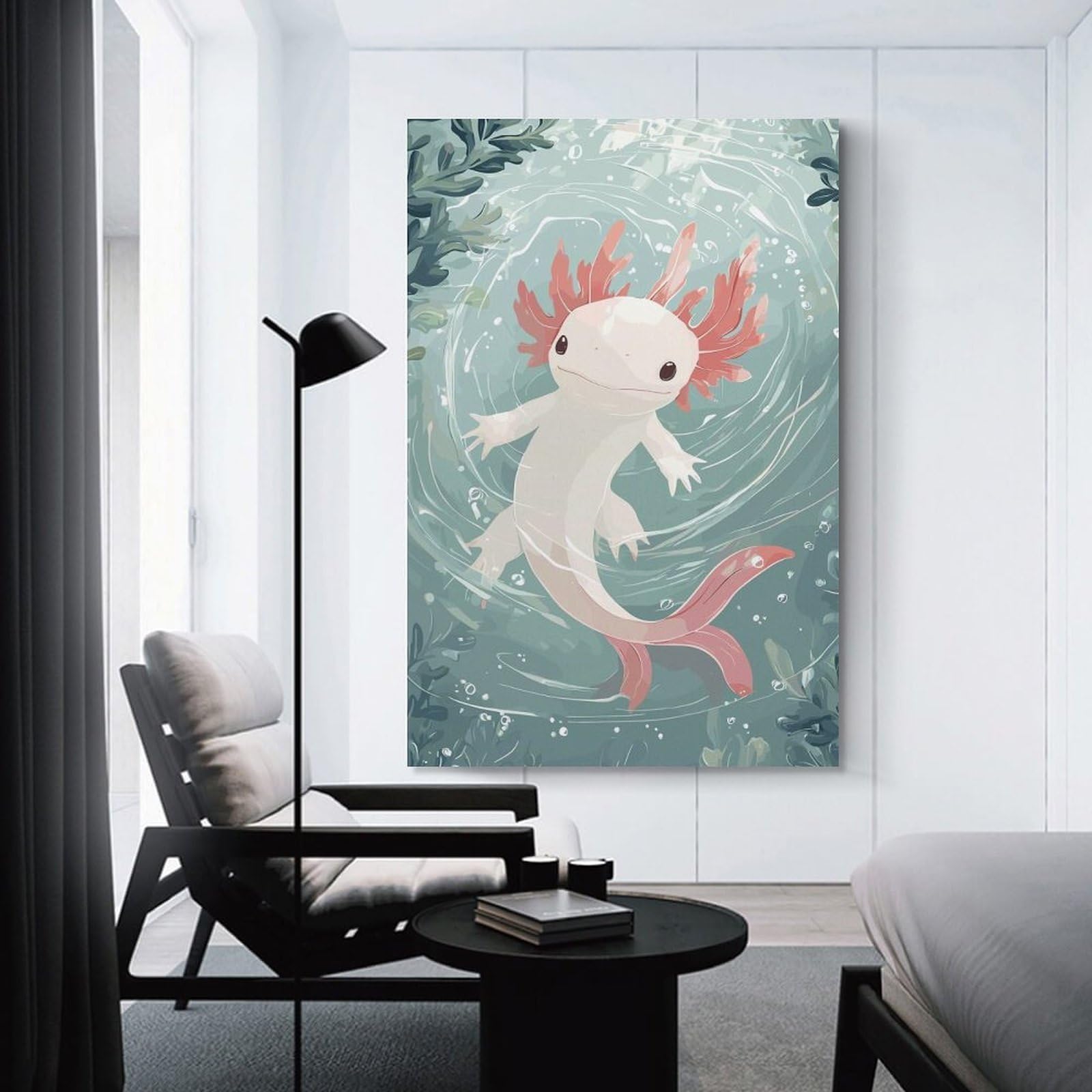 Junmoney Home Decor Wall Art Cute Axolotl in Water Illustration, 08x12inch(20x30cm), for New Homes, Bedrooms Or Workspaces, Decorative Present for New Homes