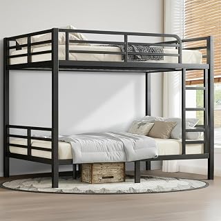 Full Over Full Bunk Bed Frame, Heavy Duty Metal Loft Bed for Adults/Teens, 350/500LB Capacity w/Ladder & Guardrail, Noise-Free Steel Slats, No Box Spring Required, Black