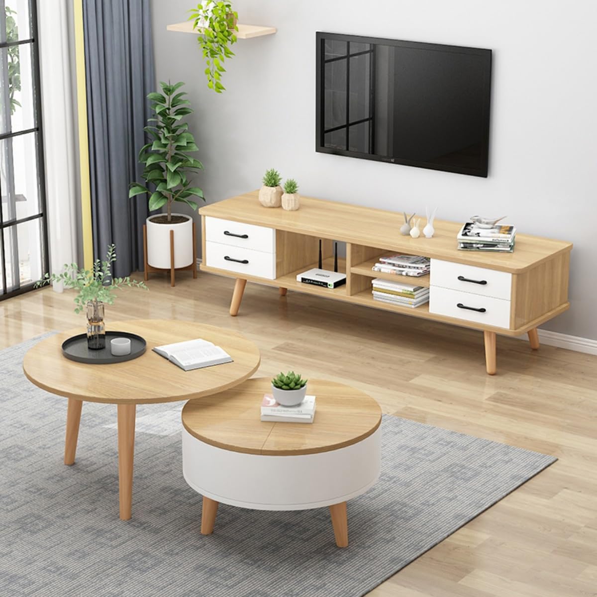 2er Set Runde Couchtische mit Stauraum, Stapelbare Wohnzimmertische aus Holz mit Klappdeckel, Kleiner Beistelltisch mit Verstecktem Fach für Wohnzimmer oder Kleine Räume(60cm/23.6in,Brown/white)
