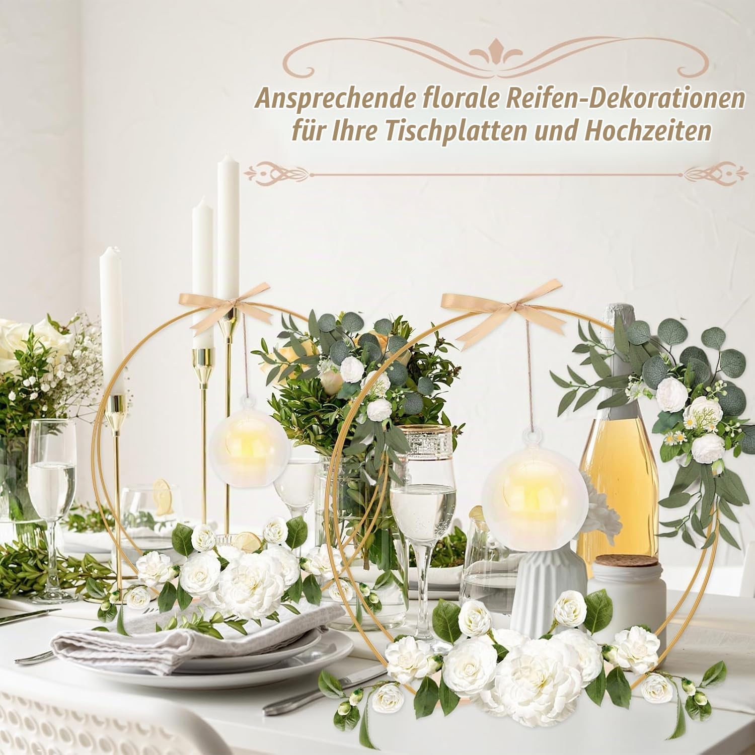 8 Stück Metallringe zum Basteln, 32cm Metallring mit Fuß,Deko Ring mit Ständer, Kerzenlicht & Transparenter Acrylhänger, Deko Hochzeitsgeschenk für Hochzeitstisch Kranz Dekor DIY Handwerk