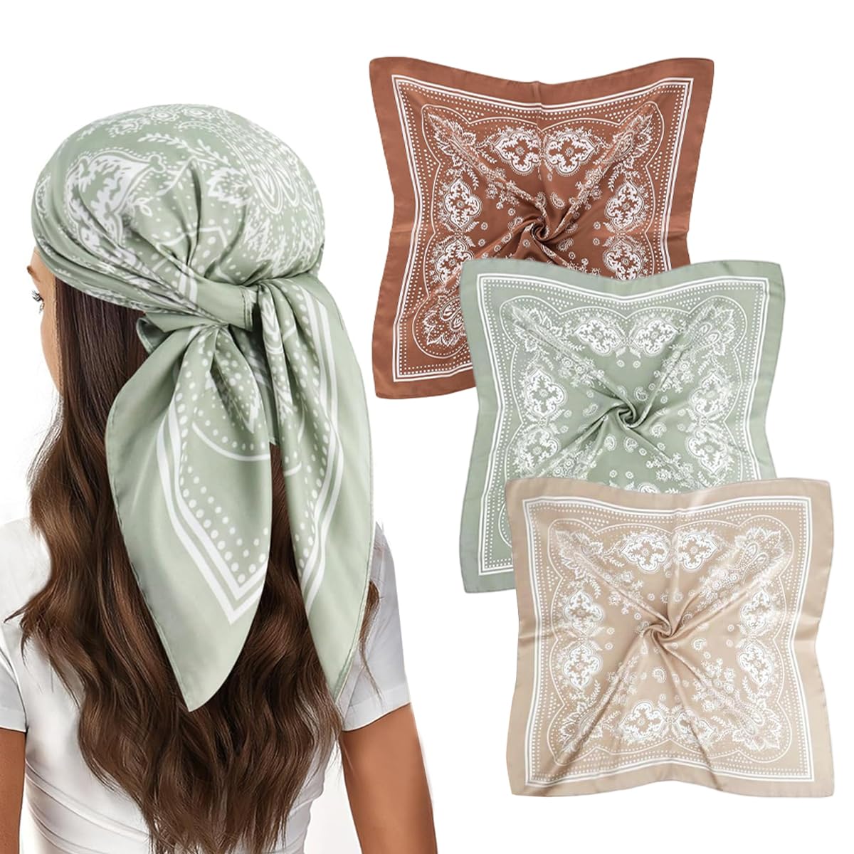 sannidhi 3Pcs Satin Like Square Scarf for Women, Vintage Paisley Head Scarf Neck Hair Wrap Sleep Hair Wrap Fashion Women Square Scarf for Daily Styling, Hair Care, Gifting, 70x70cm-picture-49