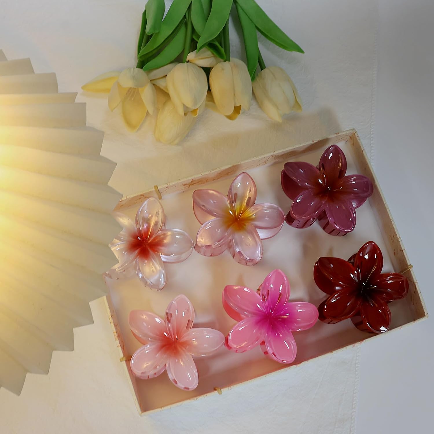 6 Pcs Flower Large Claw Hair Clips for Women Cute Hawaiian Hibiscus Claw Clips for Thick Thin Hair Pink Red Medium Hairclips for Styling Strong Hold Hair Accessories for Women and Girls
