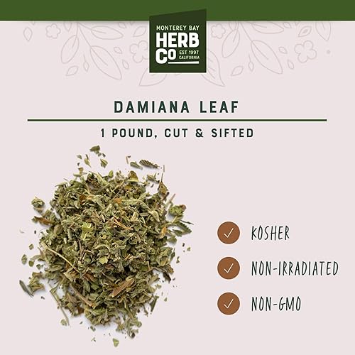 Miniatura 4 de Monterey Bay Herb Co. Hoja de damiana cortada y tamizada, artesanal silvestre  Similar a la manzanilla  Utilizado para mezclas de té  Añadir a