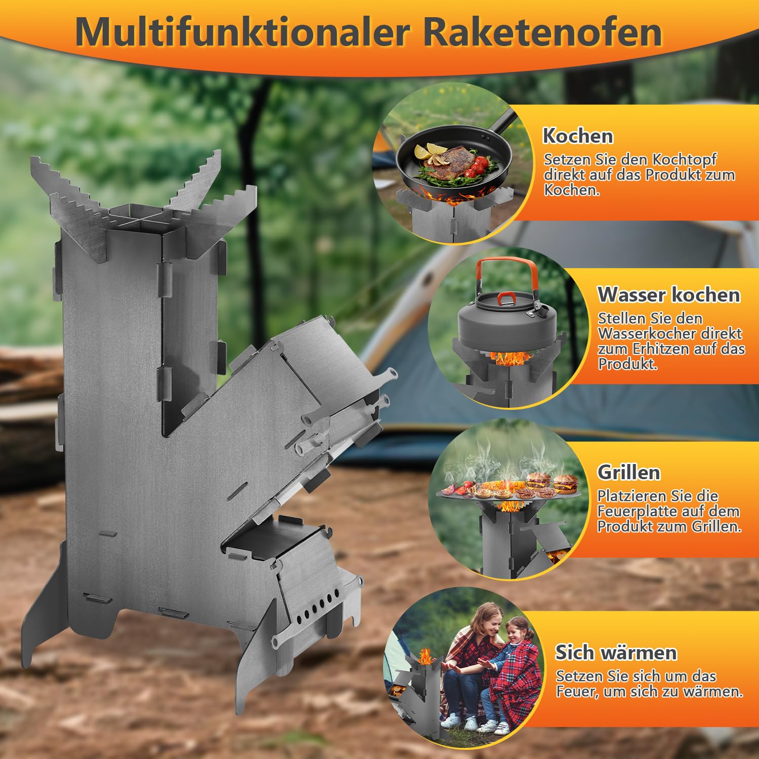 Raketenofen inkl. Grillplatte und Feuerhaken Rocket Stove Stecksystem aus massivem 3 mm dickem Stahl Campingkocher mit 2 zusätzlichen Standfüßen Kanonenofen BBQ Rakete Holzofen