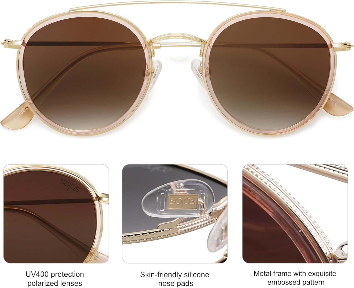 SOJOS Retro Vintage Round Polarized Sunglasses for Women Men Small Double Bridge Circle Sunnies SJ1104 - Image 3
