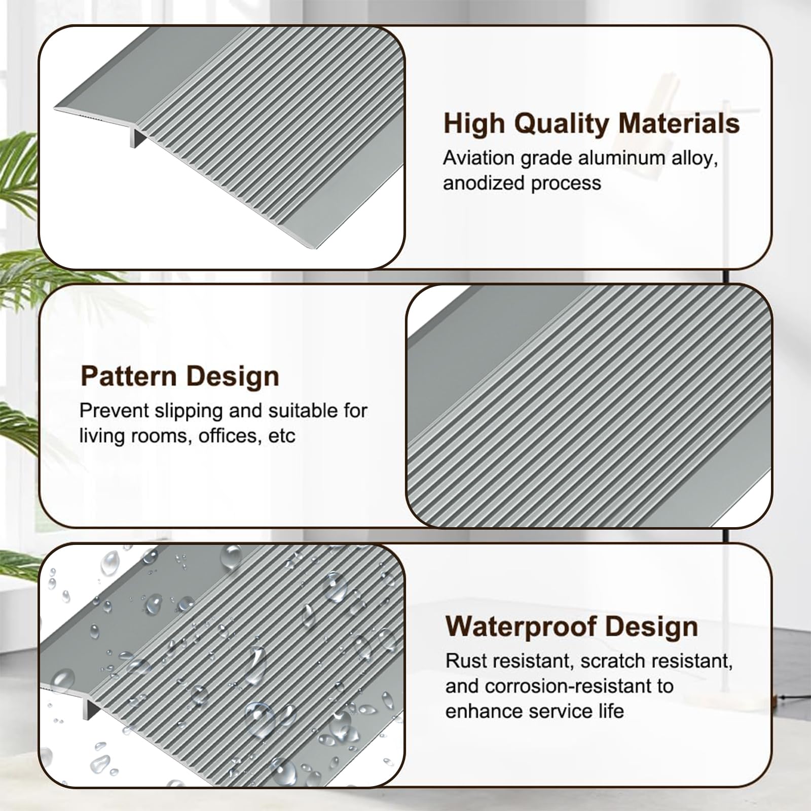Listón de transición autoadhesivo de aluminio para suelo de 10-35mm | Perfil de nivelación de altura para umbral de puerta | Para laminado, azulejos, PVC y parqué, Gris, 90cm x 100mm
