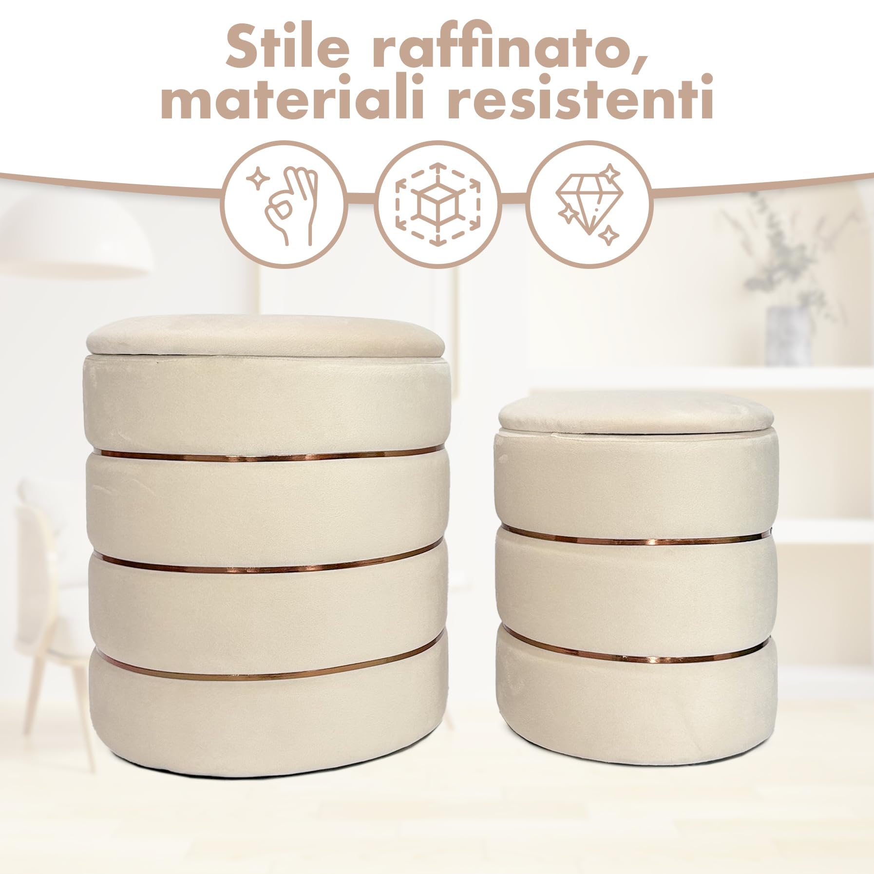 IlGruppone Set 2 Pouf Contenitori in Velluto – Pouf Arredo Moderni Impilabili, Poggiapiedi con Contenitore Salvaspazio, 4 Colori – Grande 37x41 cm, Medio 28x34 cm - Beige