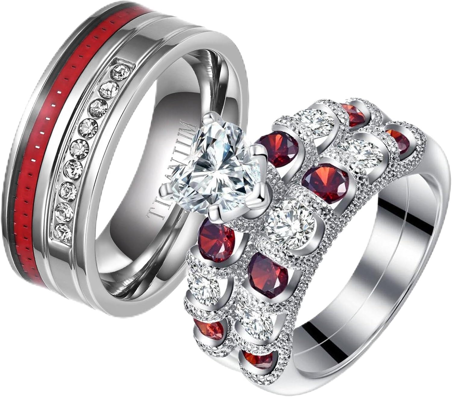 ringheart 2 His and Hers Ring Couple Rings White Gold Plated Heart cut Cz Womens Wedding Ring Sets Red Titanium Steel Mens Wedding Bands