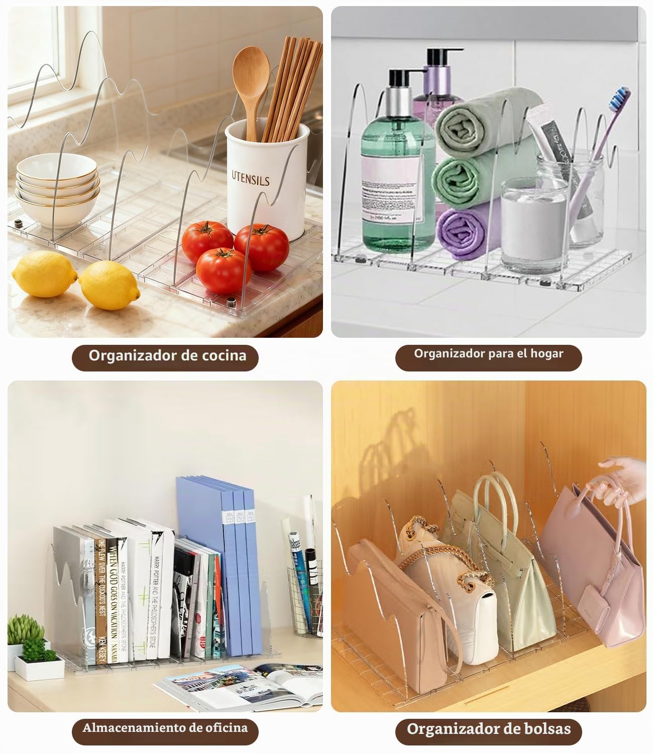 Set de 10 Separadores de Bolsos, Organizador de Armario Ajustable con Base Ranurada y Divisores, Ideal como Organizador de Armario y Bolsos de Mujer, También para Cocina, Baño y Escritorio