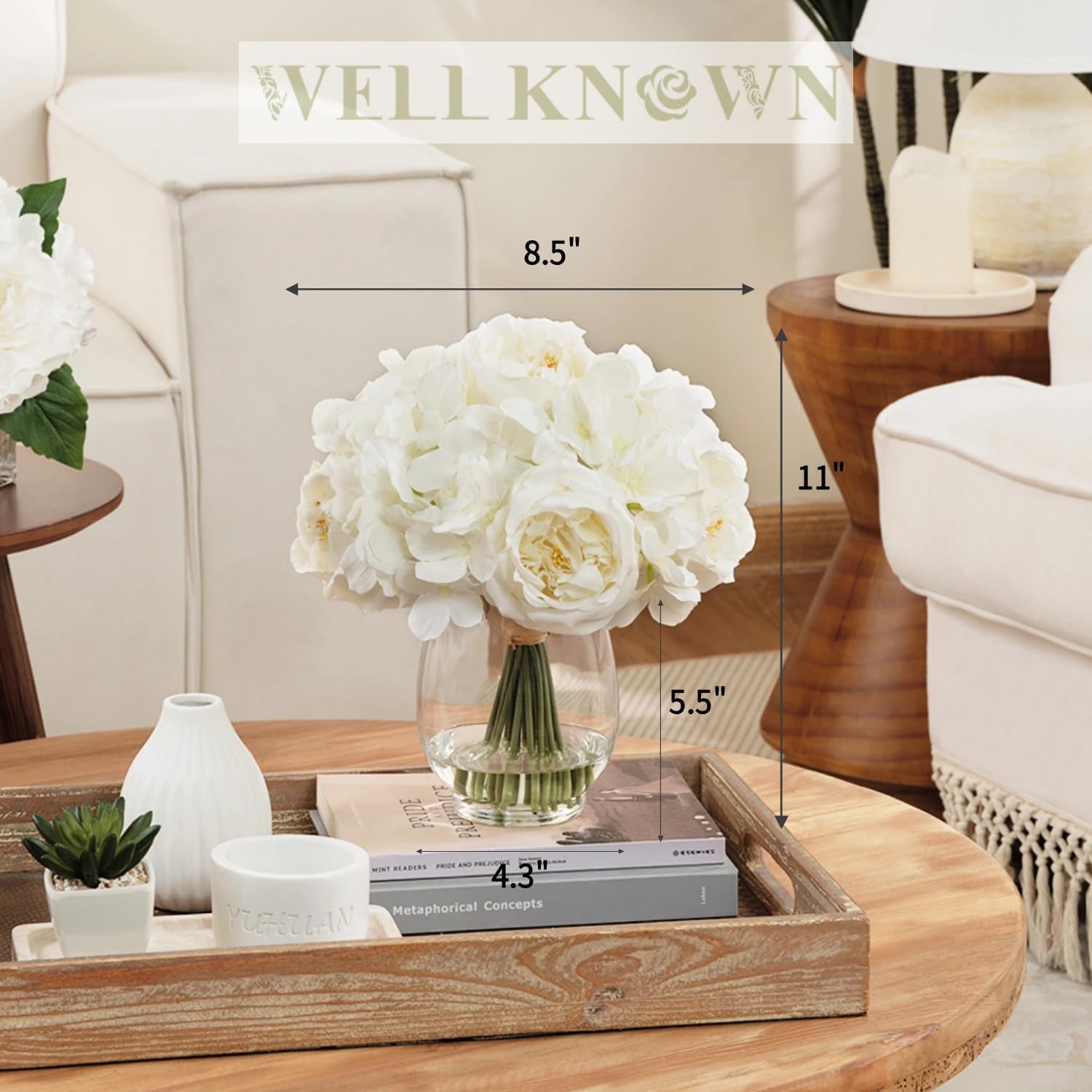 WELL KNOWN White Peonies Artificial Flowers with Hydrangea in Glass Vase with Fake Water, Fake Austin Rose Bouquet with Vase for Home Hotel Office Wedding Party Decor as Table Centerpieces & Gift - Image 2