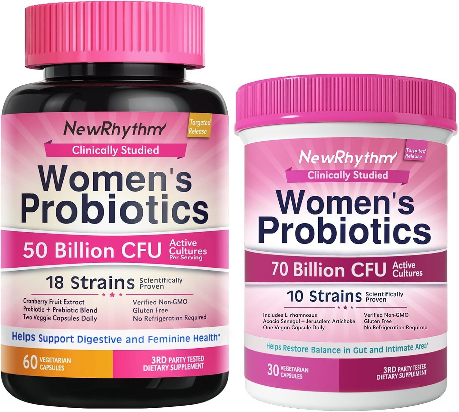 NewRhythm Women’s Probiotics Bundle, Women's Probiotics 50 Billion CFU & Women's Probiotics 70 Billion CFU, Daily Gut Support & Feminine Care, Vaginal & Urinary Health (Pack of 2)