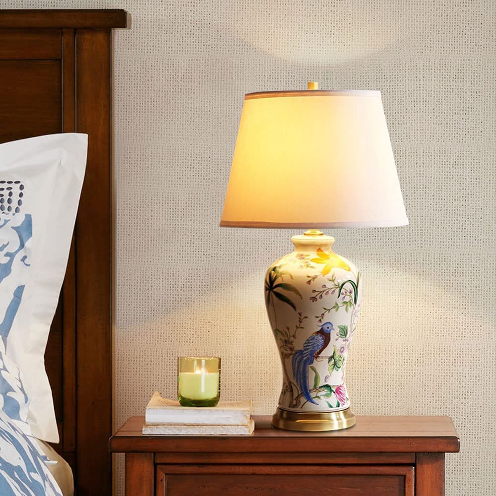 Lampa dekoracyjna Lampka nocna Ceramiczna Metalowa Lampa Stołowa Ręcznie Malowana Kwiat Ptak Lampka Do Czytania Wystrój Lampka Nocna Sypialnia Salon Oświetlana dekoracja (Size : Remote control switch
