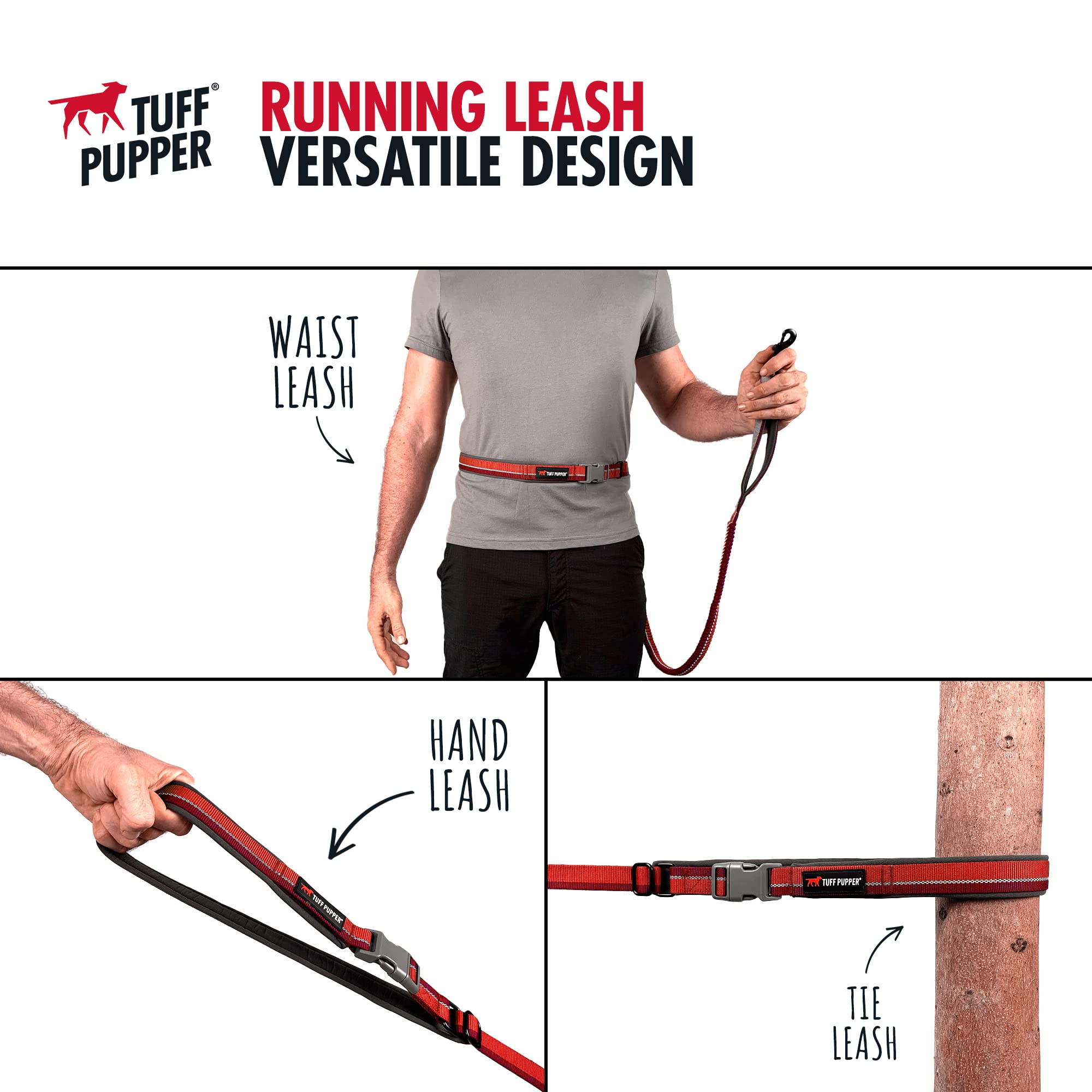 Guinzaglio per cani a lunghezza regolabile, Tuff Pupper, a mani libere | Leggero per correre, fare jogging, camminare | Cintura imbottita (115-180 cm) | Regola la lunghezza da 1 a 2 metri