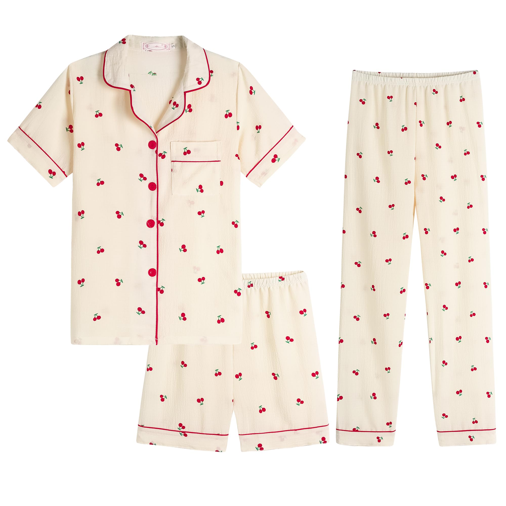 Hupohoi Big Girls Button Down Pajama Set 3pcs Crepe Fabric Sleepwear Nighty