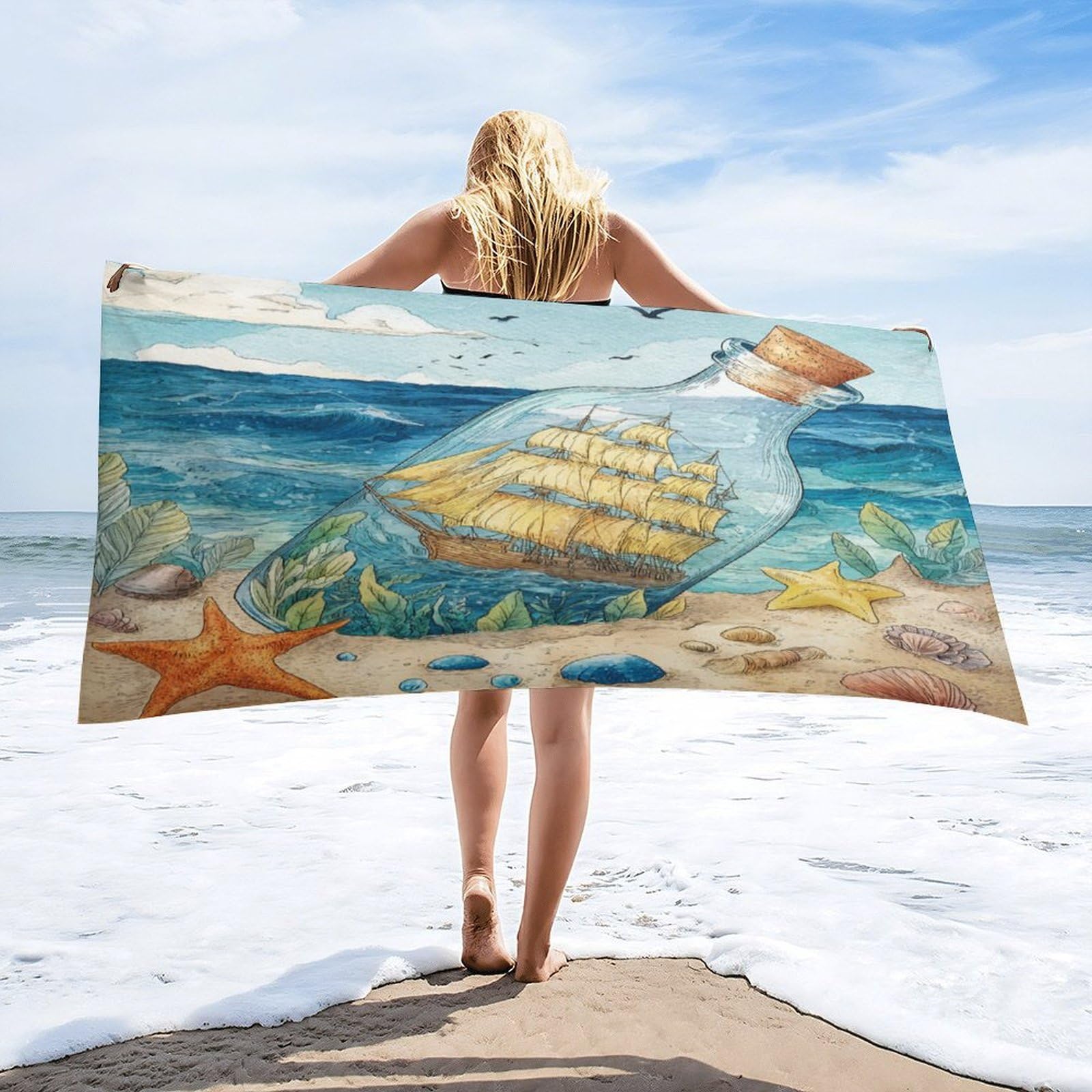 Luyysky Vintage Funny Pirate Ship Absorbent Beach Towel, Modern Nautical Seaside Animals Seagulls Starfish Outdoor Single-Sided Velvet Beach Towel-80 W Cm X 160" L Cm