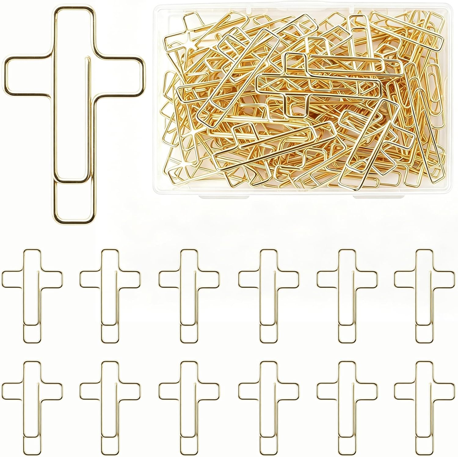 80 PCS Gold Cross Paper Clips for Bible Study, Christian Bookmarks and Bible Journaling Supplies, Decorative Metal Paperclips with Clear Storage Case for Books, Planners and Notes