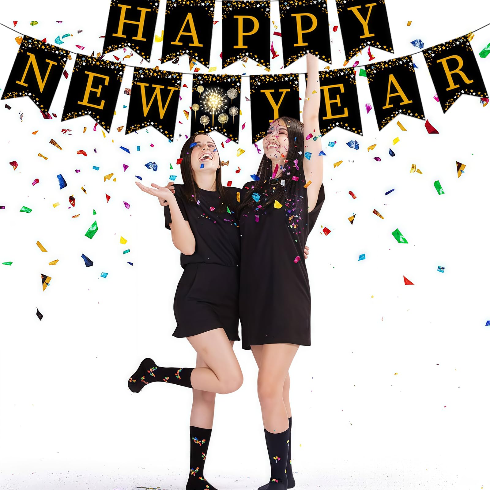 Happy New Year Banner, Black Bunting with Gold Alphabet for New Years Eve Decorations 2026, Colour - Image 4