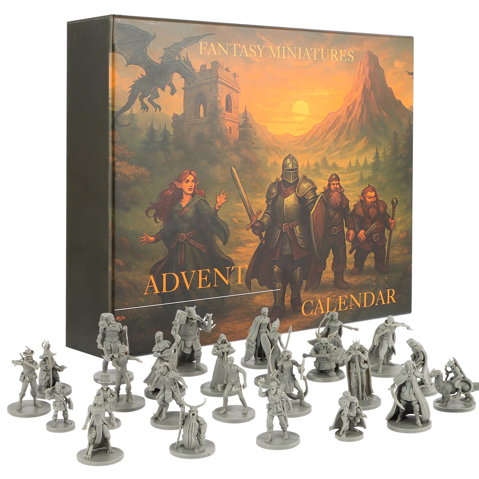 Calendrier de l'Avent de table fantastique de 24 jours - 24 figurines RPG non peintes de 28 à 32 mm - Figurines en PVC pour jeux de rôle, escarmouche et jeux de société - Cadeau de vacances pour les