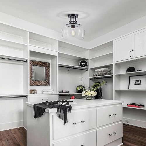 Miniatura 9 de WUZUPS Lámpara de araña rústica de granja industrial redonda semiempotrada de techo con luces LED y pantallas de vidrio transparente para baño,