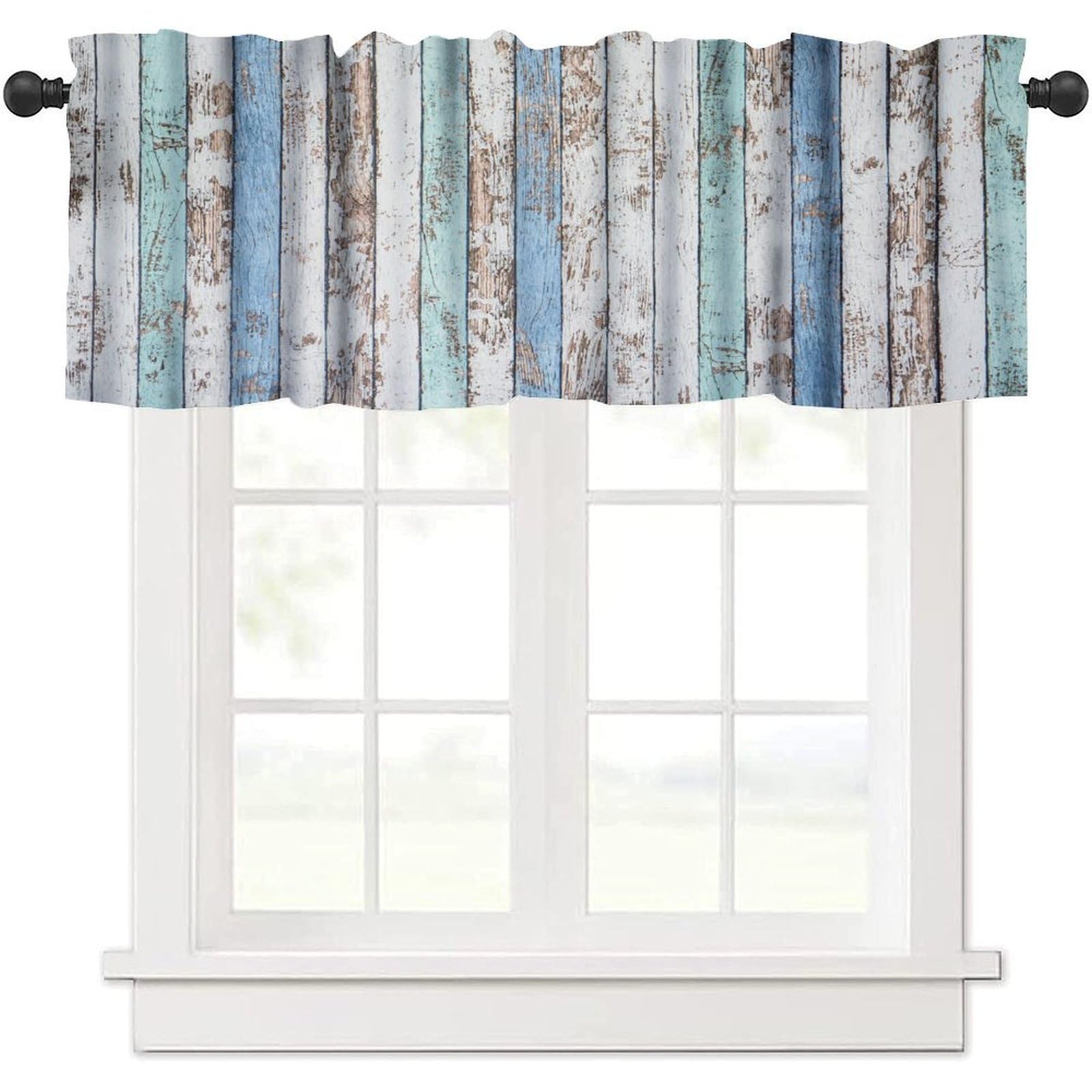 moderw Rustic Wood Plank Valance Curtain, Retro Pastel Wooden Laths Barn Board Blue Window Treatment Valance for Farmhouse Cabin Dining Room Kitchen Canteens Café Décor 54x18inch