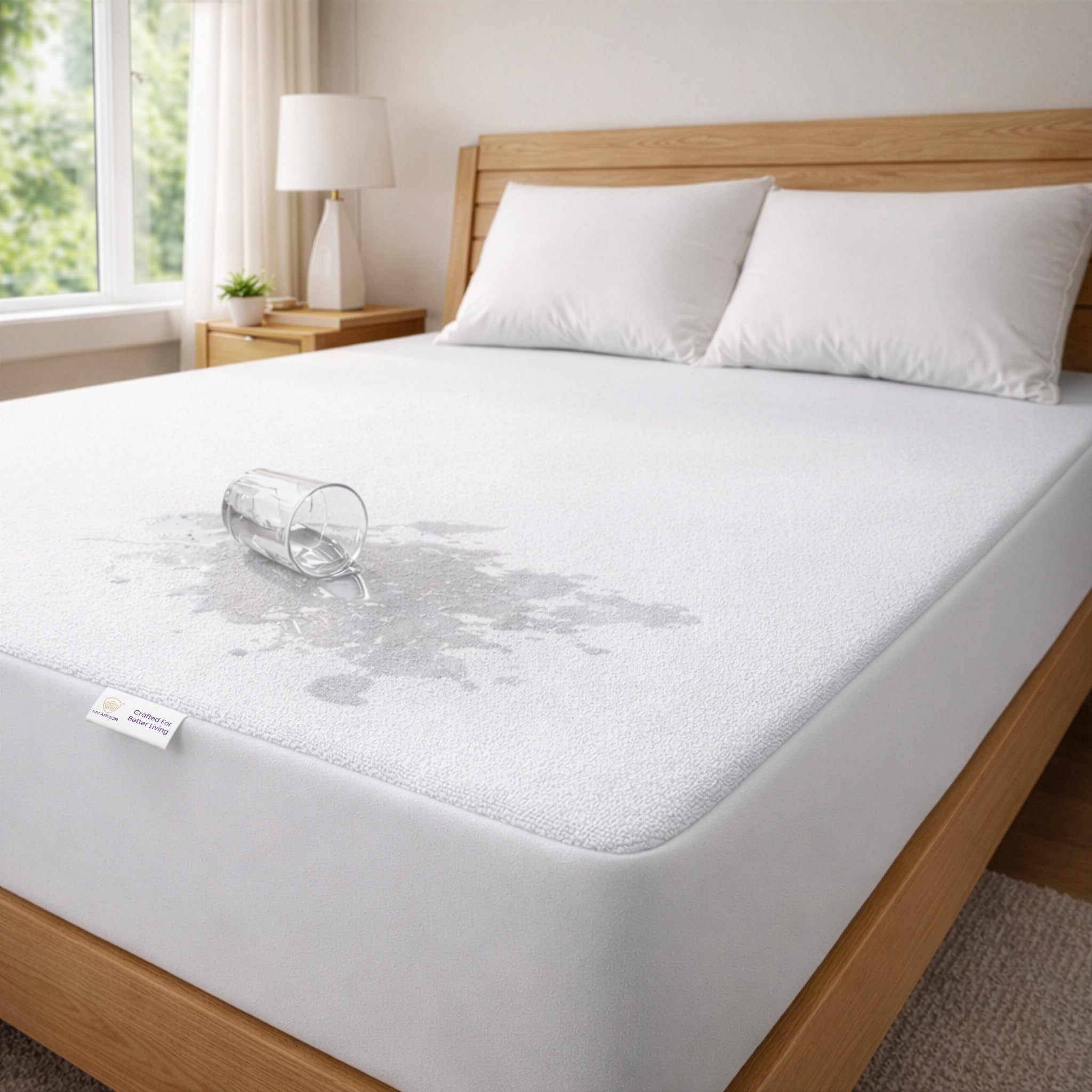 MY ARMOR Waterproof Terry Cotton Feel Mattress Protector 72" x 72" | 6 x 6 feet, White - Twin Size