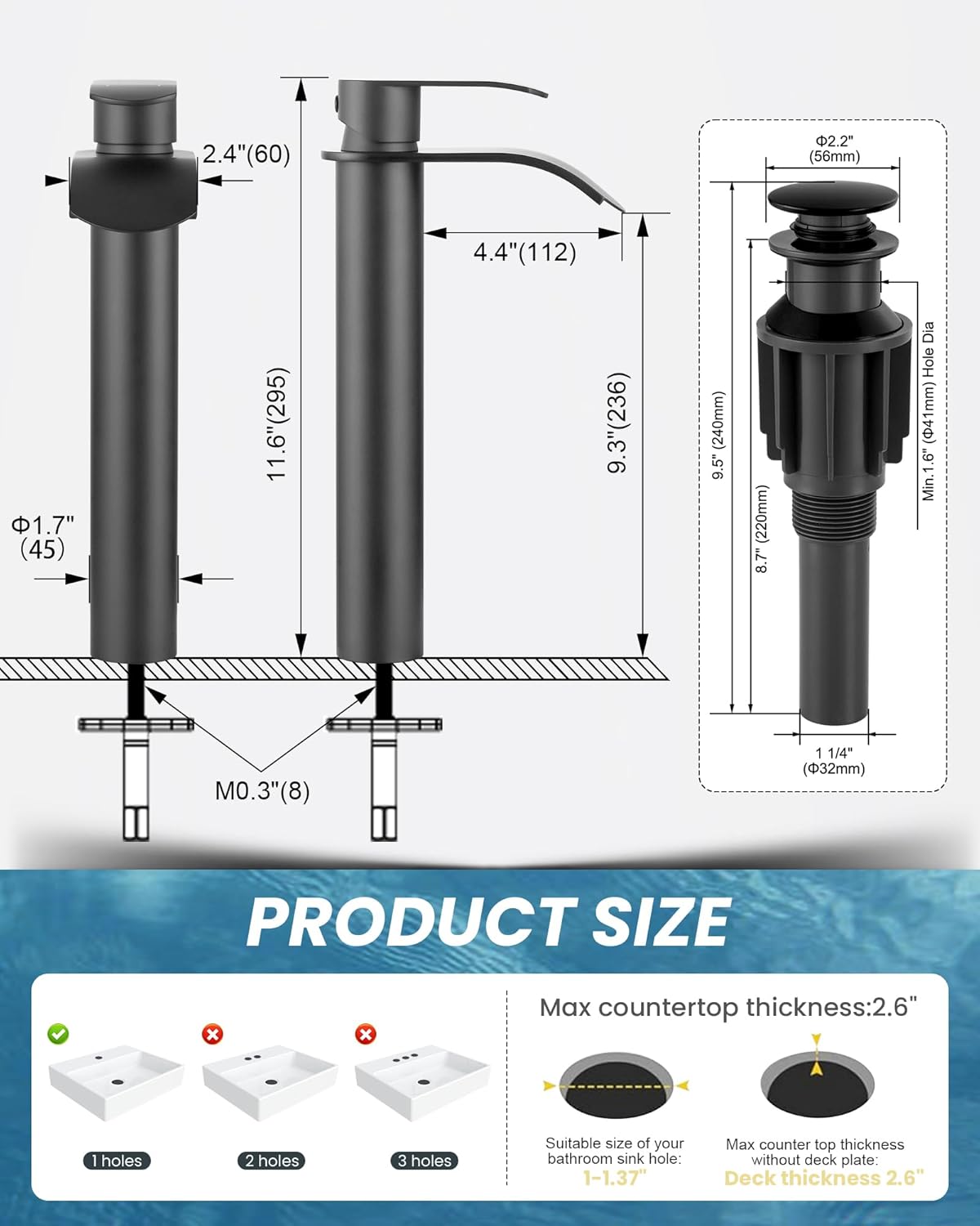 Vessel Sink Faucet Black for Bathroom：WOWOW Single Handle Tall Bathroom Faucet - Waterfall Single Hole Mixer Bar Tap with Large Rectangular Spout, Deck Mount Lavatory Vanity with Pop Up Drain