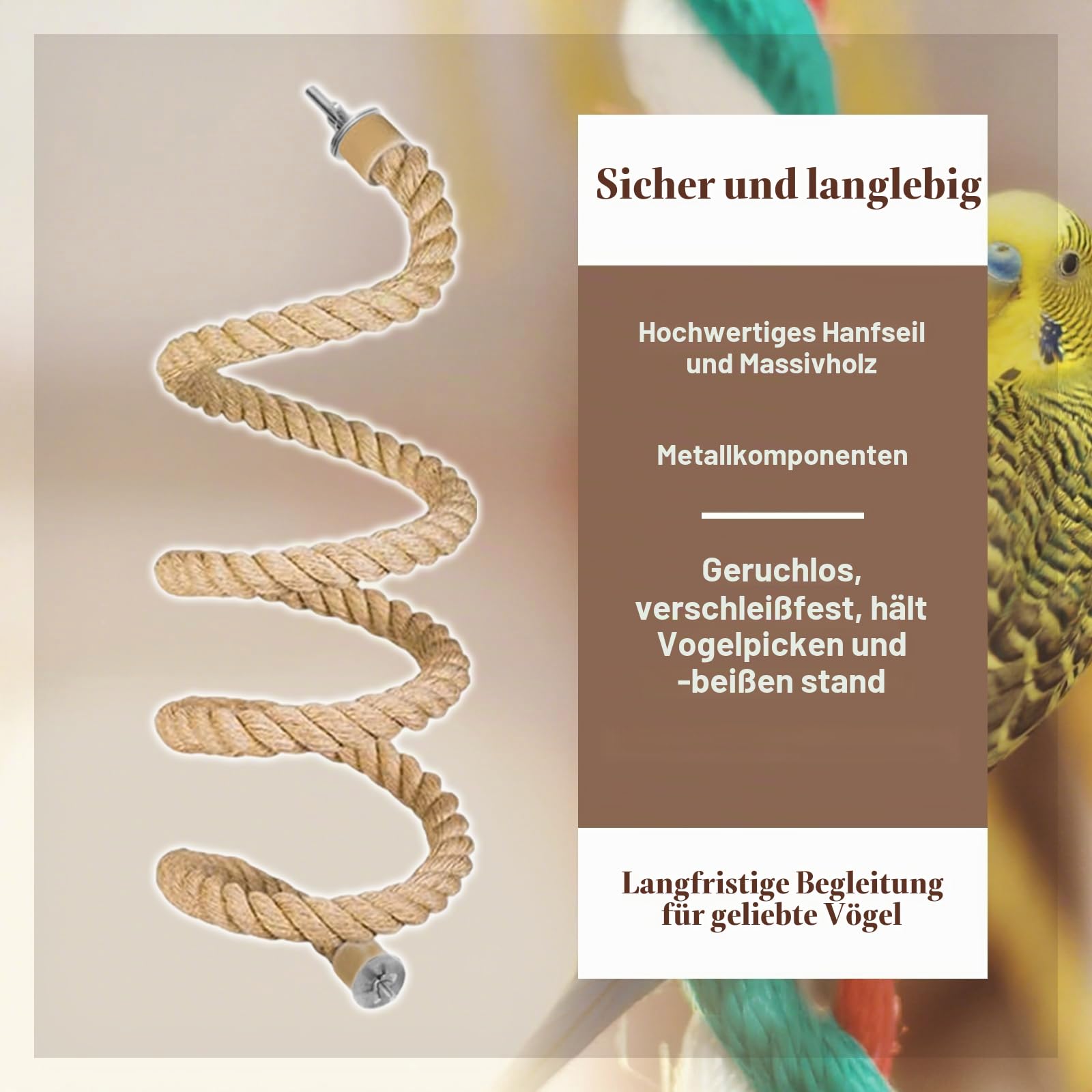 Seil-Sitzstange für Vögel,Vogelkäfig-Kletterseil-Spielzeugzubehör,biegbar,kletternd,biegbares natürliches Jute-Seil mit Kiefernholz und Edelstahlbefestigung,für Sittiche,Wellensittiche(150cm)